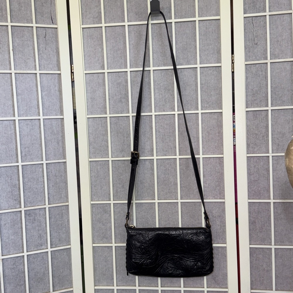 HOBO International Black Tooled Leather Floral West Crossbody Bag Handbag Purse